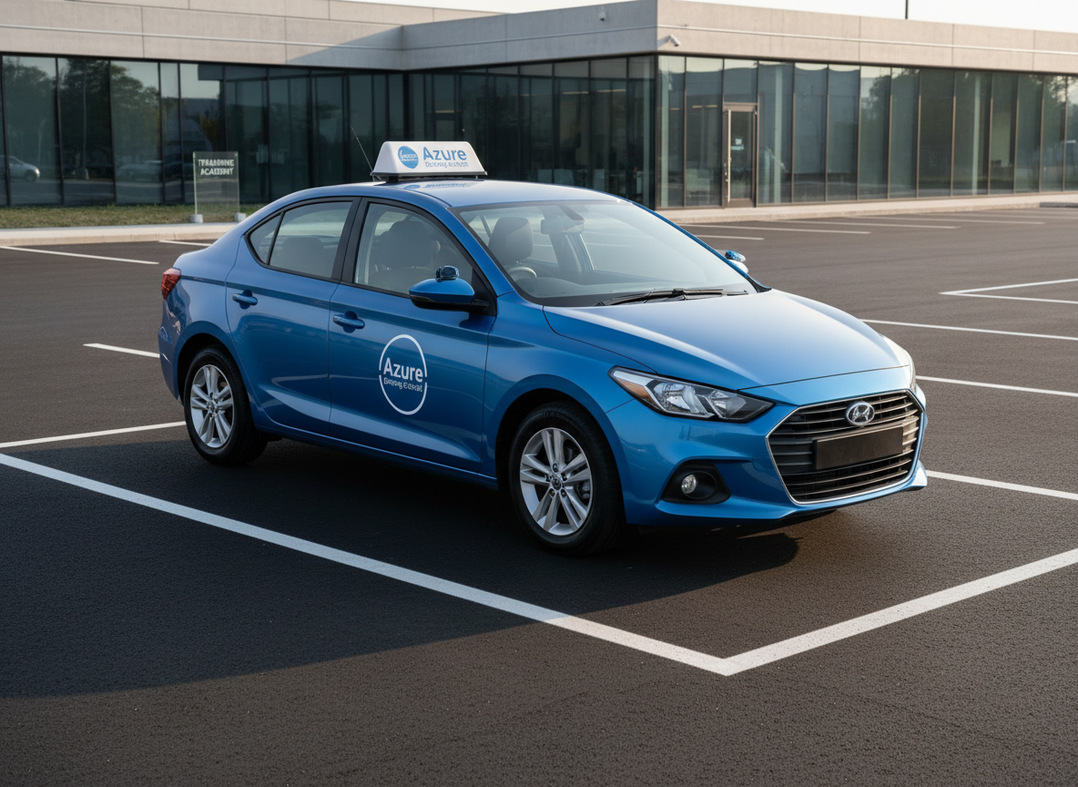 A sleek metallic-blue compact sedan with a high-gloss finish, parked perfectly within clearly painted white lines of an empty modern training lot. The car’s mirrors are precisely aligned, and a discrete “Azure Driving School” logo appears on the side door and roof-mounted learner sign. The scene is set in front of a contemporary low-rise training center with large glass windows and minimal signage. Soft late-morning sunlight casts clean, defined shadows and subtle reflections on the vehicle’s surface. Photographic realism at eye level, with sharp focus throughout and a slightly wide angle that emphasizes space and clarity. The atmosphere feels professional, calm, and orderly, echoing a sense of safety and confidence on the road.