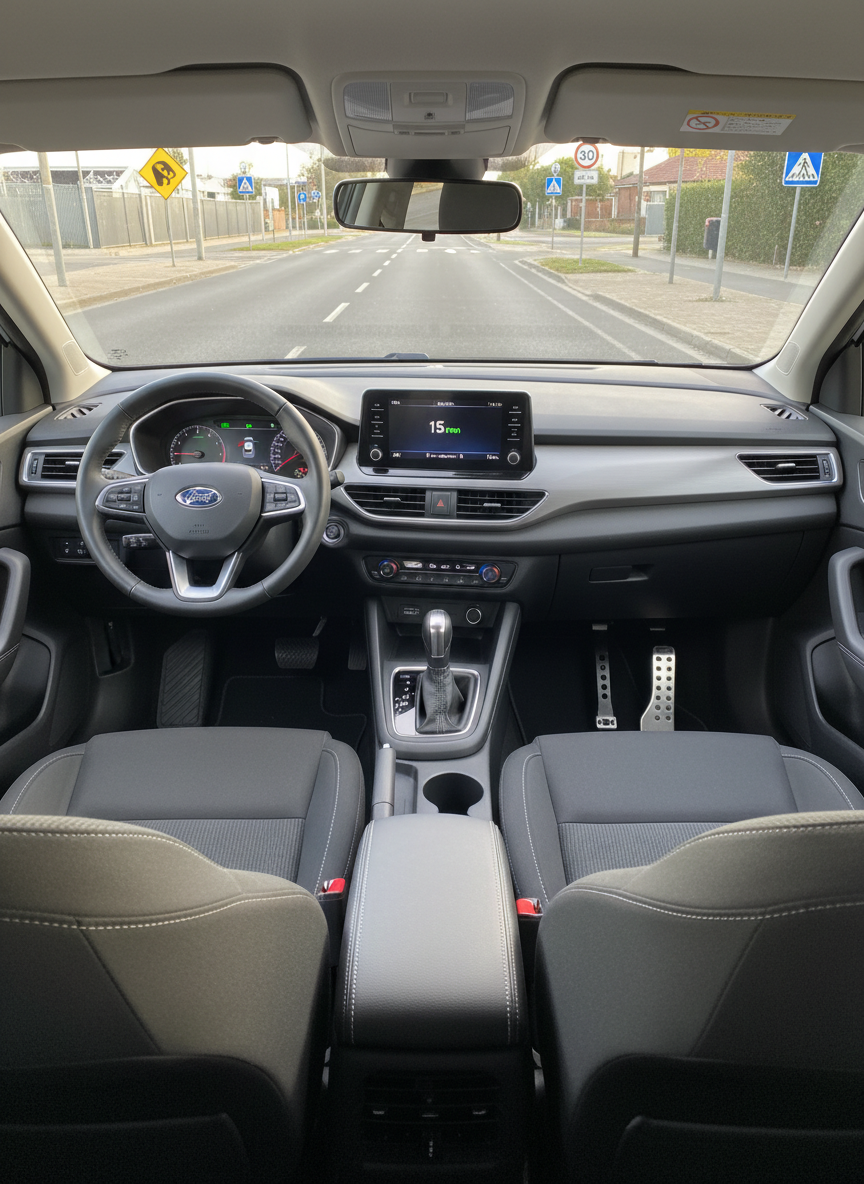 The polished interior of a dedicated driving school car, viewed from the back seat looking forward, with no occupants. A dark gray dashboard with a subtle matte texture surrounds a clean digital display showing a calm, low-speed readout. A second, clearly visible instructor brake pedal is installed on the passenger side, gleaming slightly in the soft light. Outside the windshield, a quiet suburban training street with wide lanes and clear signage is gently blurred. Late afternoon natural light streams in, casting soft highlights on the steering wheel and stitching of the charcoal fabric seats. Photographic realism with a balanced, symmetrical composition emphasizes the dual controls, conveying safety, control, and quiet confidence.