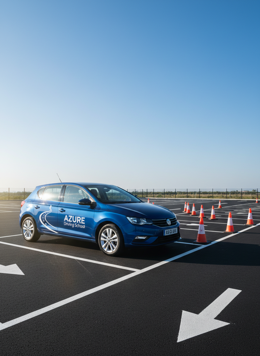 A gleaming metallic-blue compact car parked diagonally in an empty, freshly painted driving school lot, its bodywork reflecting a clear afternoon sky. Crisp white “Azure Driving School” branding appears on the door and rear, cleanly printed and modern. The asphalt is smooth, with clearly defined white lane markings and bright orange traffic cones arranged to form a practice course in the mid-ground. Soft, even daylight creates gentle highlights along the car’s curves and subtle shadows beneath. Shot at eye level in photographic realism with sharp focus throughout, the composition uses the rule of thirds, leaving generous negative space in the sky for text overlay. The mood is calm, professional, and reassuring, emphasizing safety and confidence.