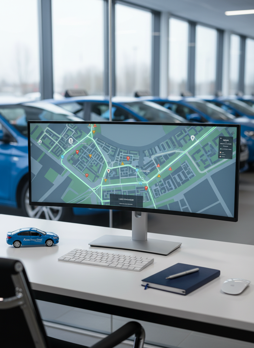 A modern driving instructor’s workstation without any people, featuring an ultra-wide monitor displaying a detailed digital city map with highlighted safe driving routes and icons for hazards. The sleek white desk holds a small die-cast blue car model labeled “Azure Driving School”, a closed navy notebook, and a minimalist wireless keyboard and mouse. Behind, a glass wall reveals a softly blurred training vehicle bay with neatly aligned blue cars. Diffused overcast light filters through large windows, creating a calm, evenly lit environment. Photographic realism at a slightly elevated angle with shallow depth of field keeps the desk in crisp focus. The atmosphere feels organized, analytical, and reassuringly professional, ideal for communicating structured, anxiety-free learning.
